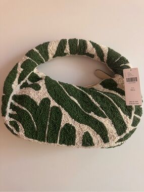 Beaded Green & Cream Leaf Pattern Shoulder Bag NWT